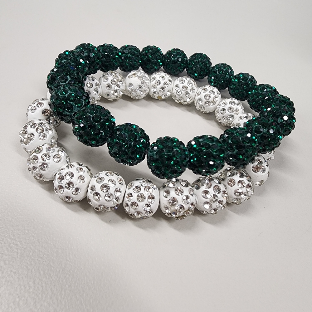 Emerald Green & White Rhinestone Disco Ball Beaded Stretch Bracelet Set Sparkly